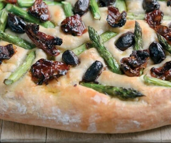 Focaccia with Asparagus, Olives and Sun-dried Tomatoes Recipe