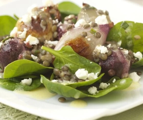 Roasted Shallot, Beetroot, Puy Lentil and Spinach Salad with Vegetarian Soft Goat’s Cheese Recipe