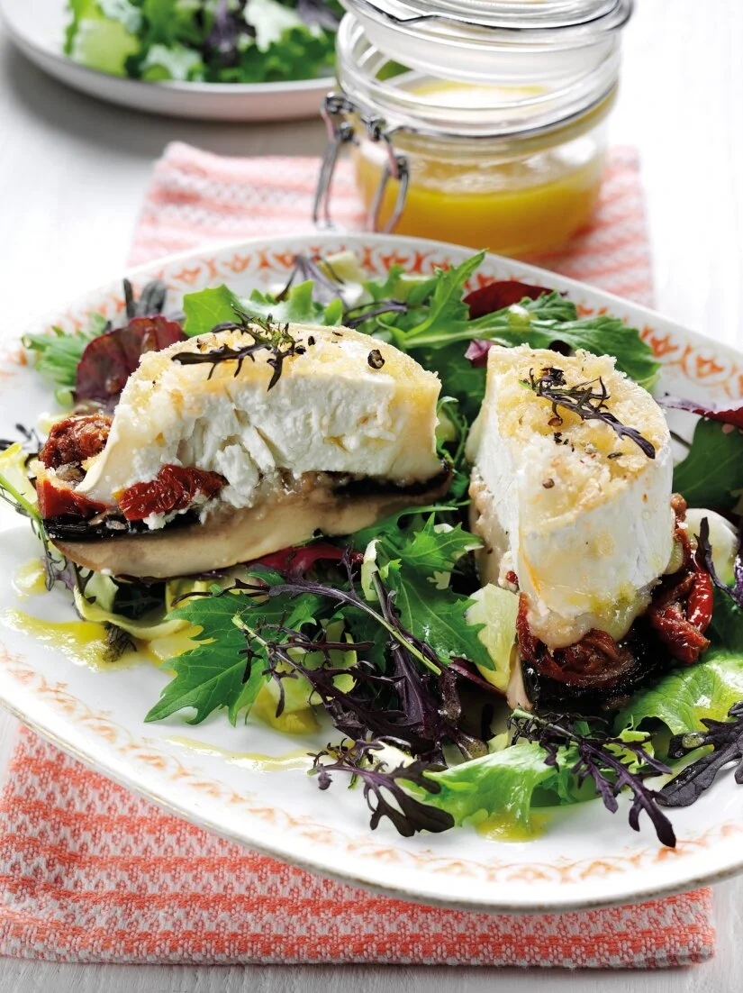 Goat’s Cheese Stuffed Mushrooms with Red Mustard Salad