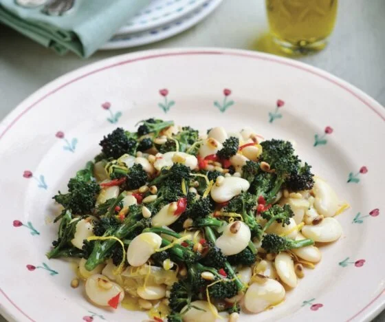 Purple Sprouting Broccoli with Butter Beans, Pine Nuts, Chilli and Lemon Recipe