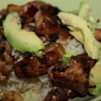 Pan fried tofu and mushroom over beans and rice! So Delicious! Recipe