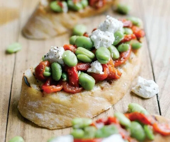 Crostini with Marinated Broad Beans, Peppers and Ricotta Recipe