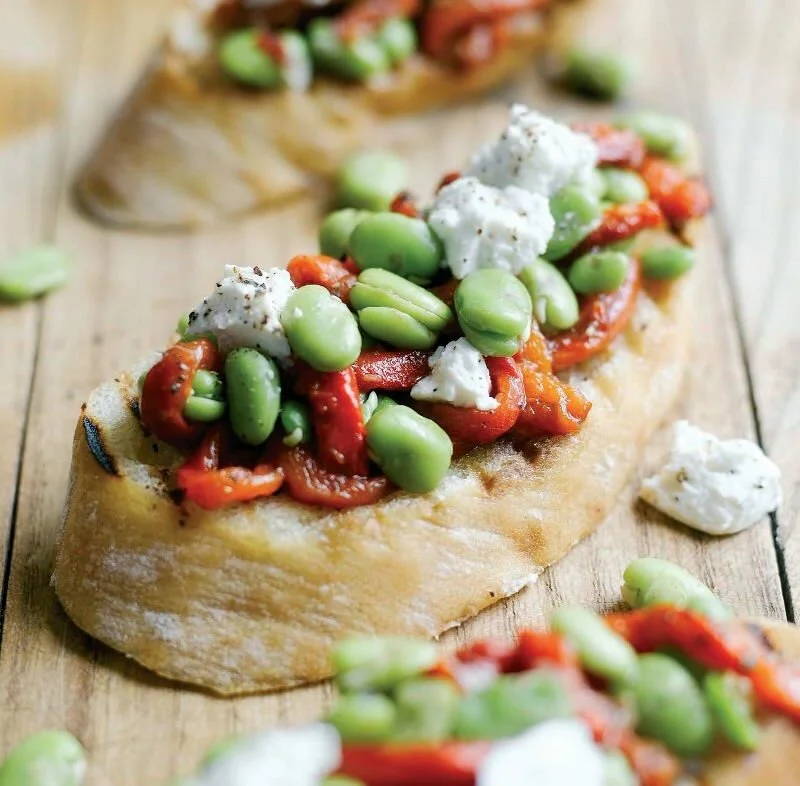 Crostini with Marinated Broad Beans, Peppers and Ricotta Recipe: Cook Vegetarian Magazine
