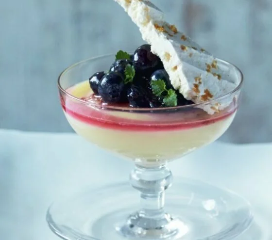 Lemon Verbana Posset with Blueberry Compote and Meringue Shard Recipe: Cook Vegetarian Magazine