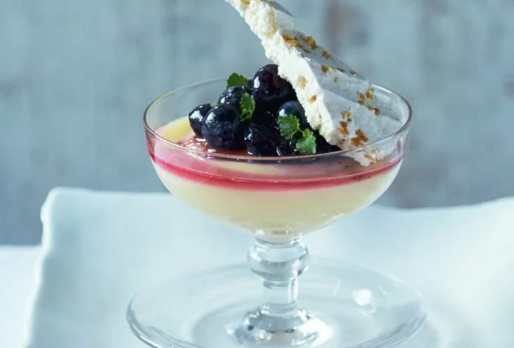 Lemon Verbana Posset with Blueberry Compote and Meringue Shard Recipe: Cook Vegetarian Magazine