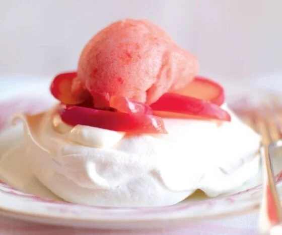 Meringues with Poached Pink Lady Apples and Sorbet Recipe