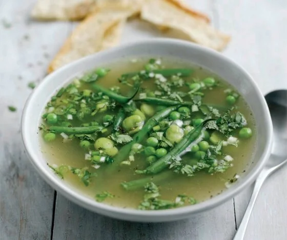 Summer Vegetable Soup with Mint, Coriander and Parsley, served with Pitta Crisps Recipe