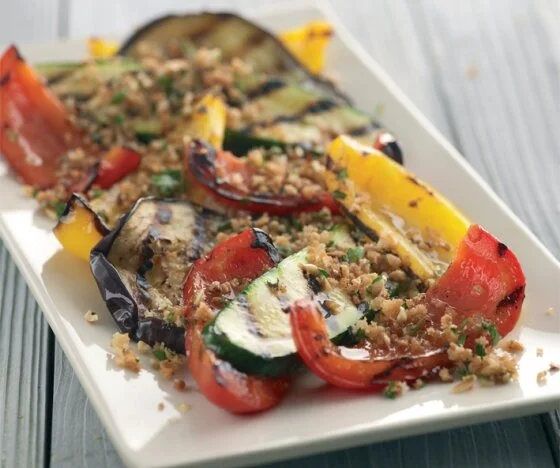 Grilled Vegetables with Crispy Nut Topping Recipe