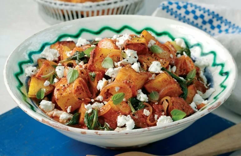 Warm Cyprus Potato and Tomato Salad with Feta and Oregano Recipe: Veggie Magazine