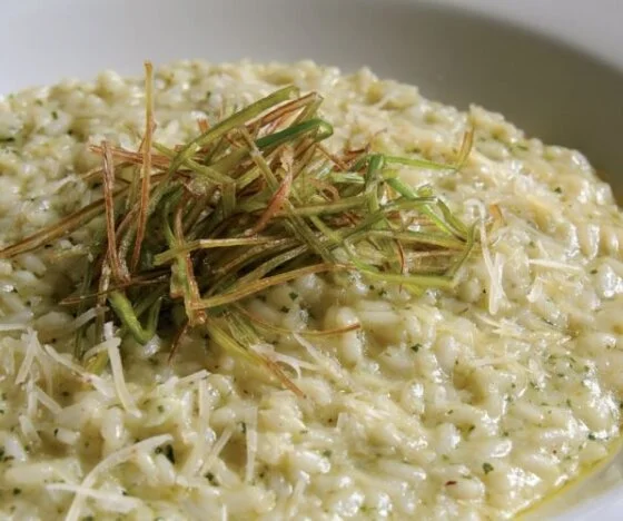 Watercress Pesto Risotto with Crispy Leeks Recipe