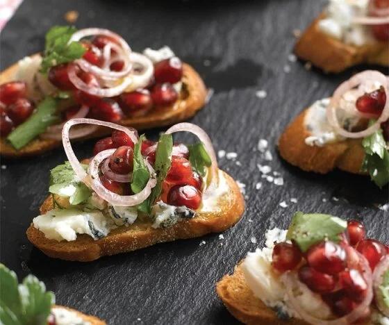 Ruby Red Pomegranate, Blue Cheese, Parsley and Shallot Crostini Recipe