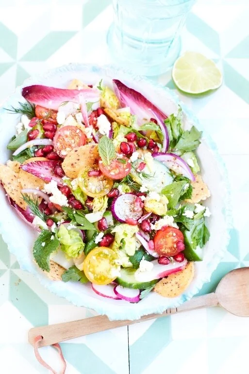 Fattoush Salad with Manomasa Feta & Pomegranate Vinaigrette Tortilla Chips cooked in Avocado Oil