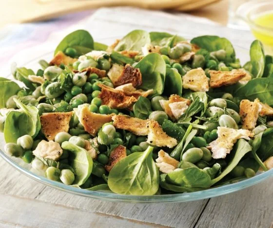 Herby Broad Bean &a,p; Pea Salad with Garlic Pitta Shards Recipe