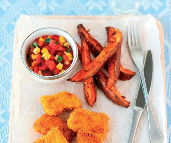 Nuggets with Chilli Salsa and Spicy Sweet Potato Wedges Recipe