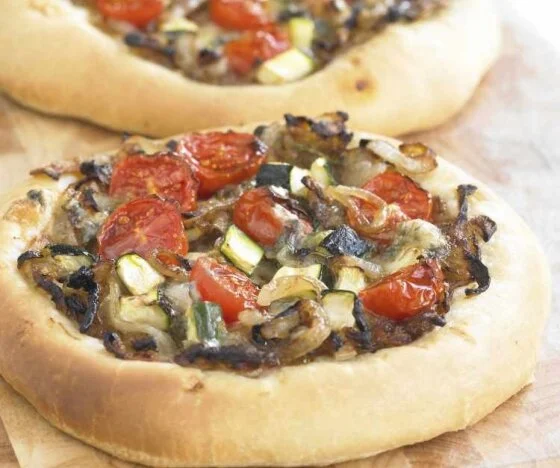 Caramelised Onion Pizza with Courgette, Tomato and Blue Cheese Recipe