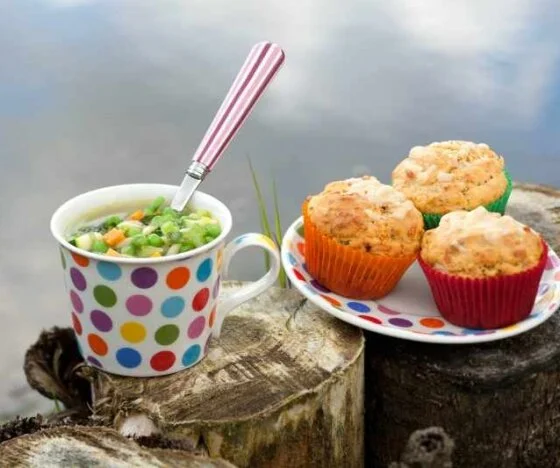 Pea Minestrone with Sun-dried Tomato, Polenta and Basil Muffins Recipe